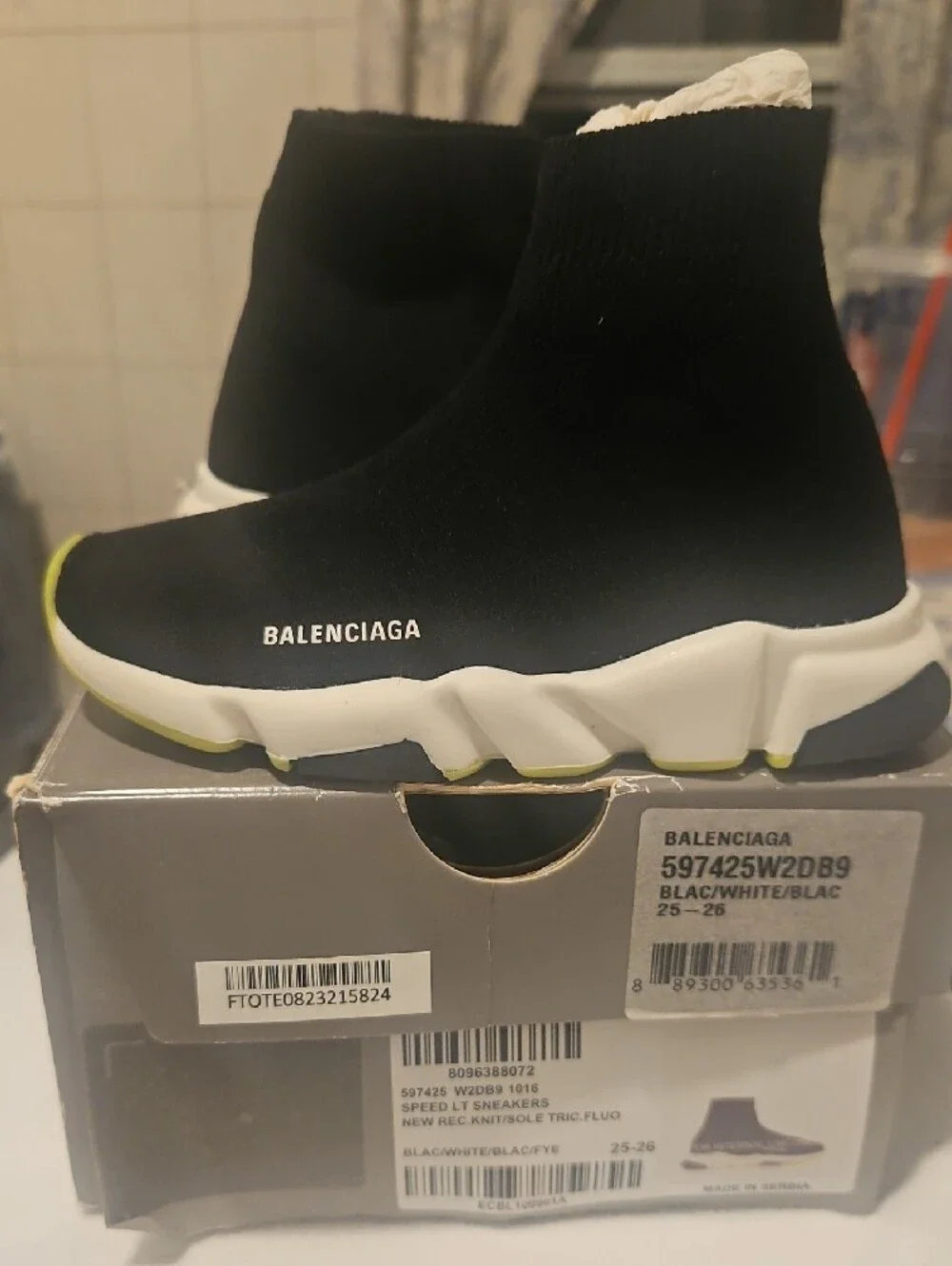 Balenciaga Black Sock Trainer with White Sole and Neon Green Trim